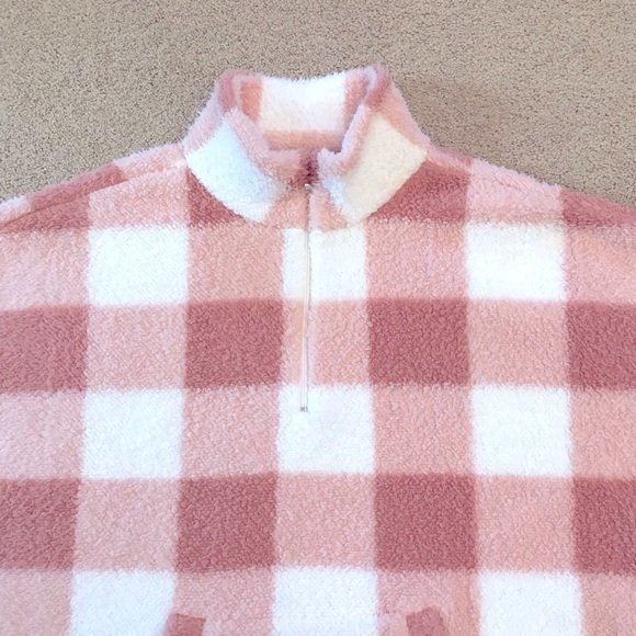 Teddy Bear Faux Fur Plush Sweater Women Large Peach White Checker Board Pullover - Picture 2 of 10